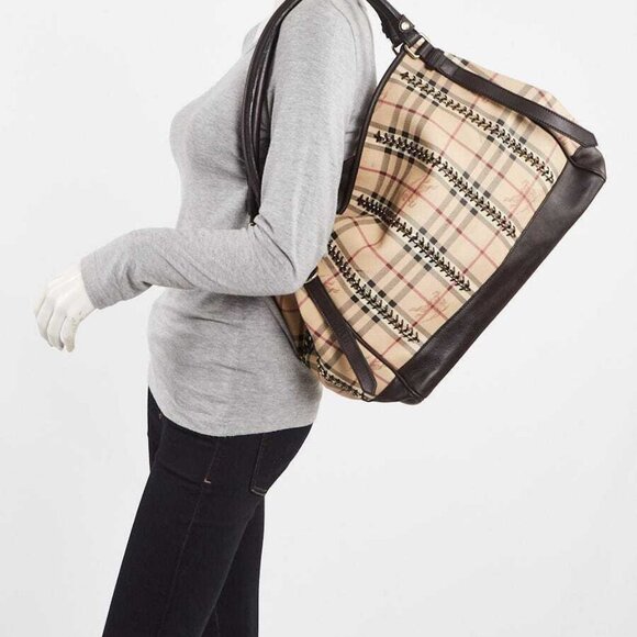 Burberry Brown Leather Haymarket Check Coated Canvas Chain Lawrence Tote Bag - Picture 3 of 11